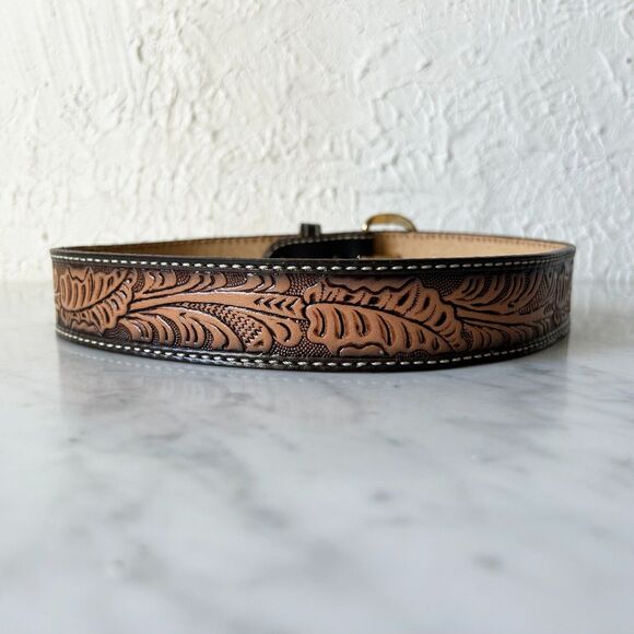 Vintage Western Tooled Leather Belt Cowboy Style with Brass Buckle-Men's Size 26 - Picture 4 of 8